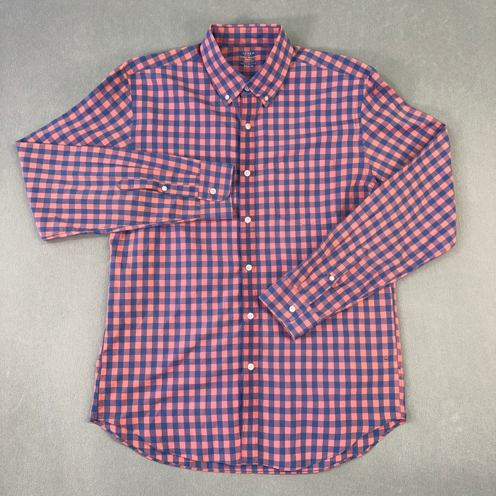 J.Crew Mens Medium Lightweight Cotton Gingham Button Down Shirt Orange Navy Blue